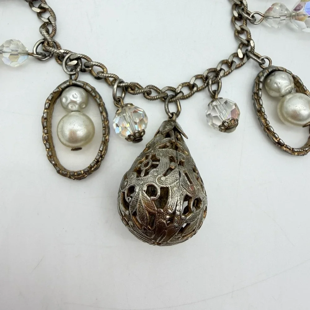 Vintage Charm Bracelet Dangling AB Crystal Faux Pearl Ball Filigree Read